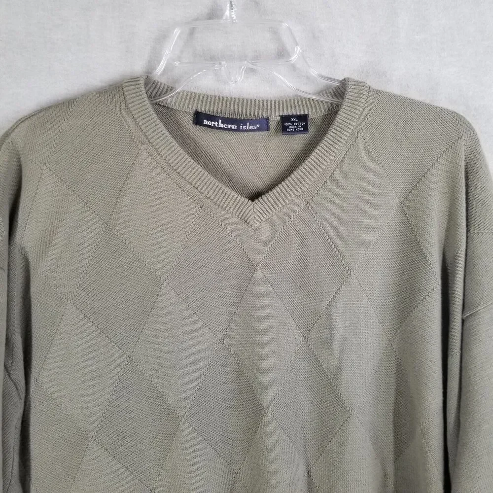 Vintage Northern Isles Men's 2XL Sweater Olive Green V-Neck‎ Argyle Textured